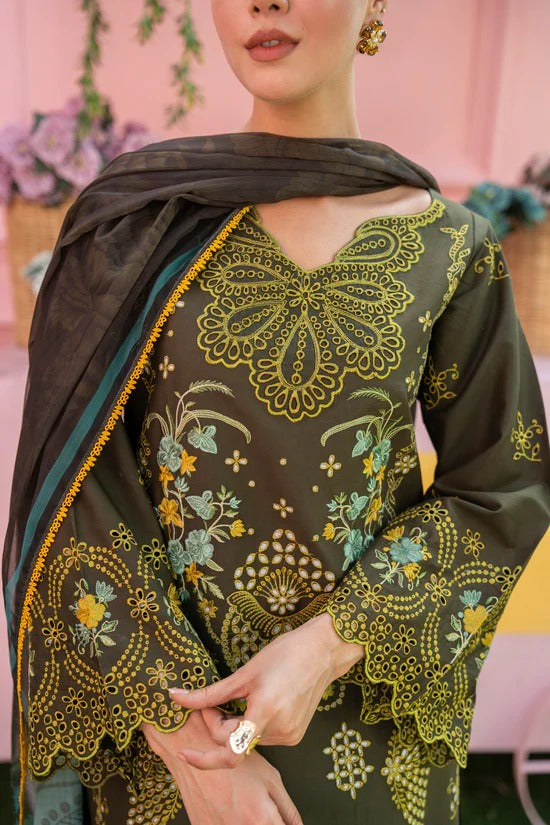 MIRAKHI - 3PC LAWN EMBROIDERED SHIRT WITH CHIFFON PRINTED DUPATTA AND TROUSER -WAC-M12
