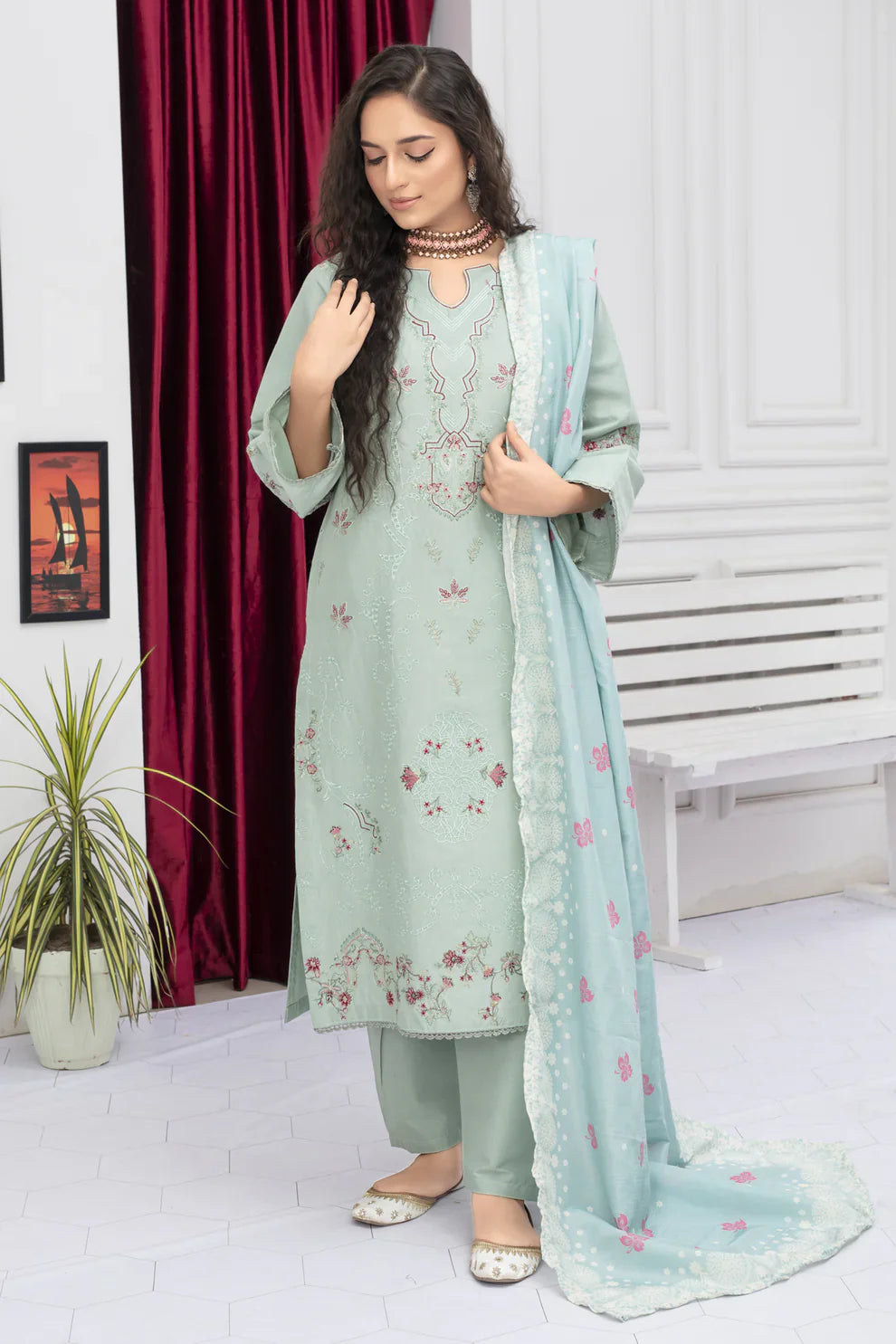 WINTER COTTON 3PC EMBROIDERED SHIRT WITH DORIA PRINTED SHAWL-WAC-3006