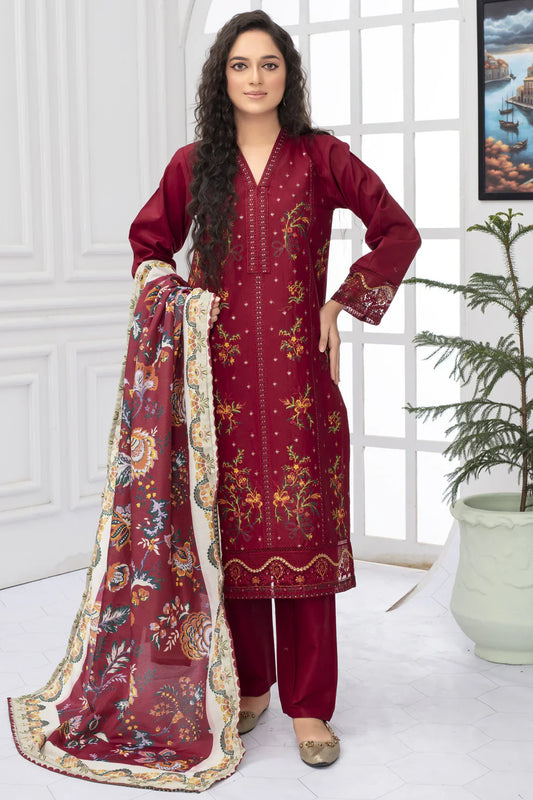 WINTER COTTON 3PC EMBROIDERED SHIRT WITH DORIA PRINTED SHAWL-WAC-3004