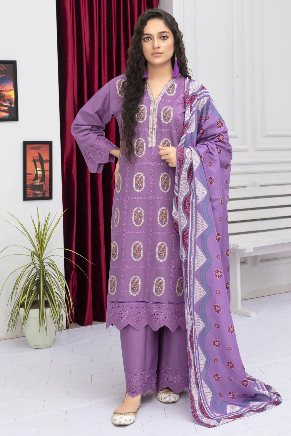 WINTER COTTON 3PC EMBROIDERED SHIRT WITH DORIA PRINTED SHAWL-WAC-3005