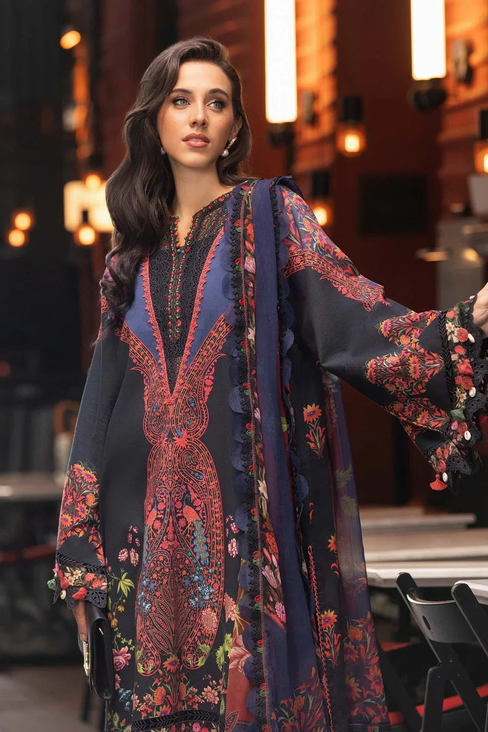 MARIA B- 3PC KARANDI PRINTED EMBROIDERED SHIRT WITH KARANDI PRINTED SHAWL AND KARANDI PRINTED TROUSER-MARIA B-3255-A