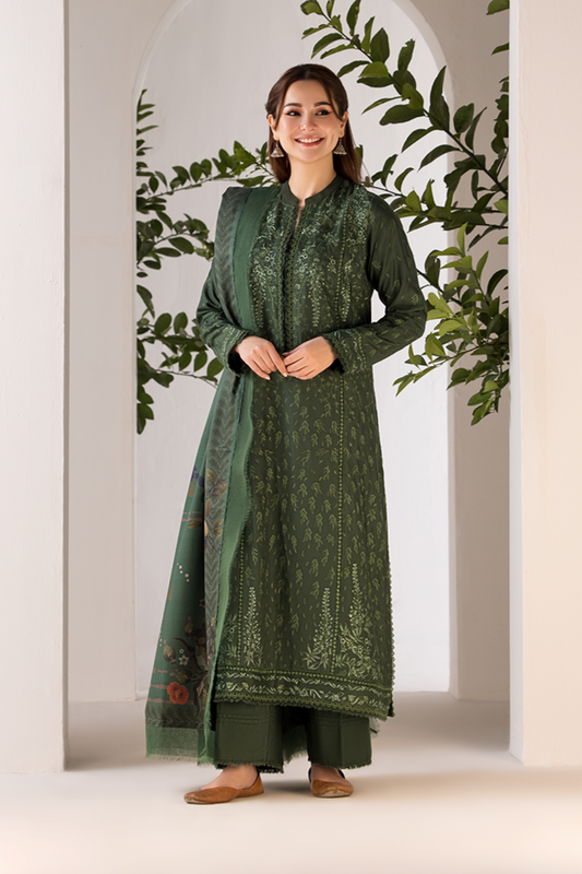 SOBIA NAZIR- 3PC DHANAK EMBROIDERED SHIRT WITH WOOL PRINT SHAWL AND TROUSER-WAC-4356