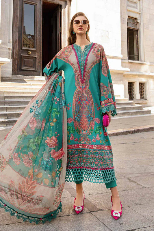 MARIA B 3PC KARANDI PRINTED EMBROIDERED SHIRT WITH KARANDI PRINTED SHAWL AND KARANDI PRINTED TROUSER-MARIA B-3255-B