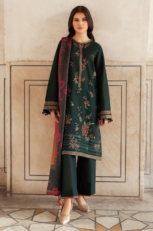 JAZMIN-3PC DHANAK EMBROIDERED SHIRT WITH WOOL PRINT SHAWL AND TROUSER-WAC-4364