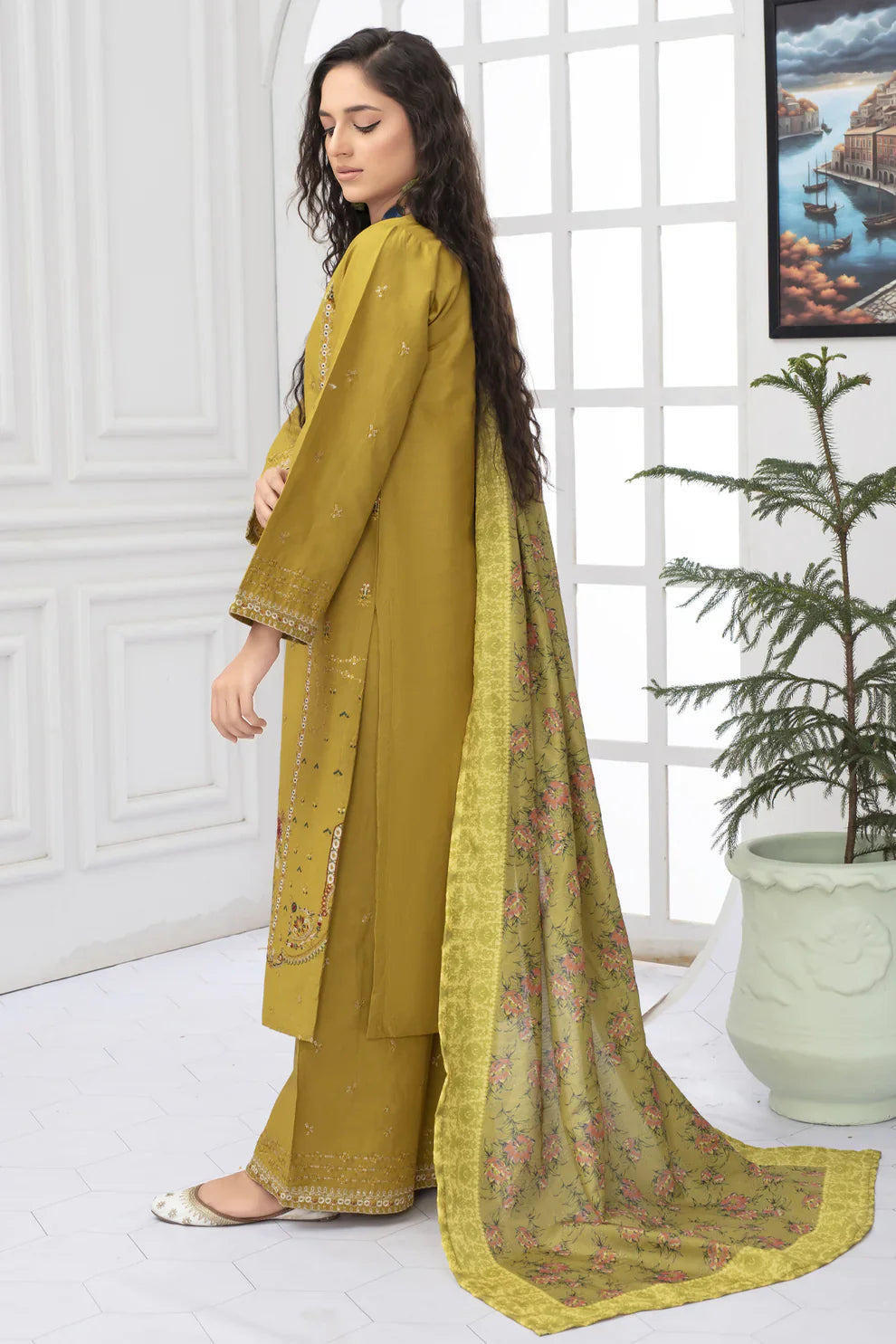 WINTER COTTON 3PC EMBROIDERED SHIRT WITH DORIA PRINTED SHAWL-WAC-3007