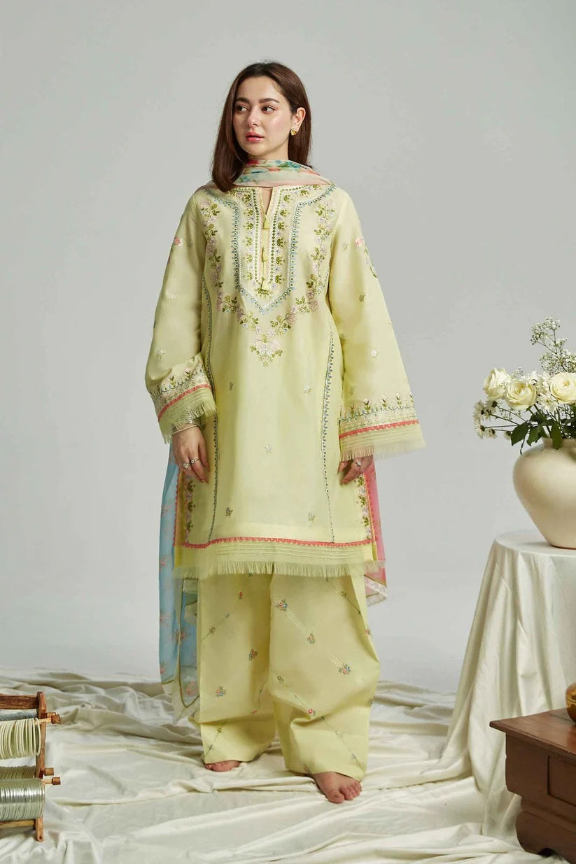 AFSANE- 3PC LAWN CHIKENKARI EMBROIDERED SHIRT WITH ORGANZA PRINT DUPATTA-WAC-3715