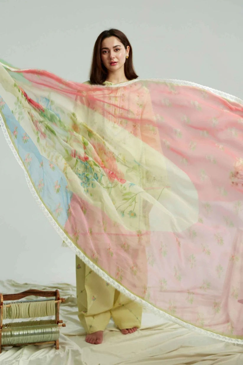 AFSANE- 3PC LAWN CHIKENKARI EMBROIDERED SHIRT WITH ORGANZA PRINT DUPATTA-WAC-3715