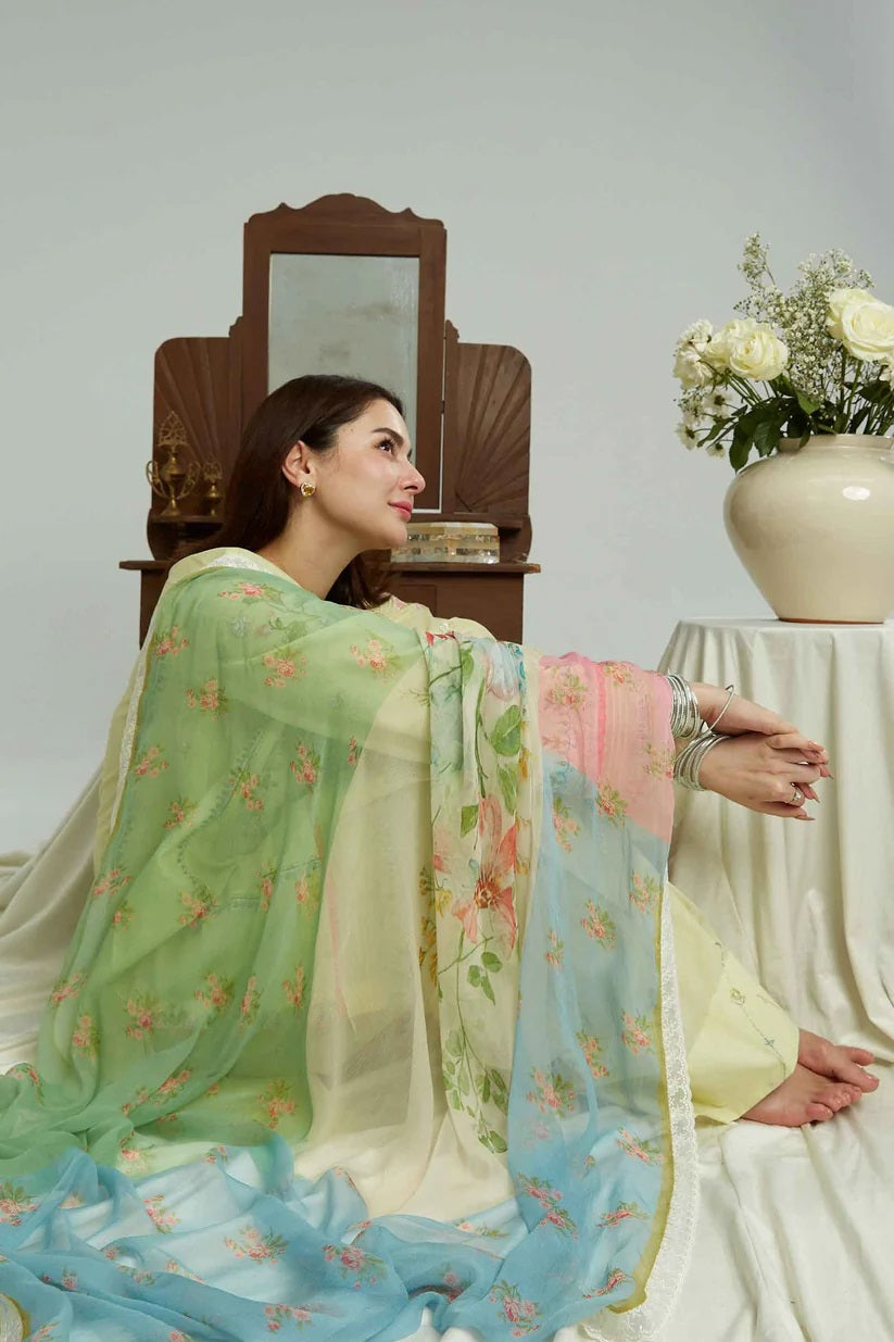 AFSANE- 3PC LAWN CHIKENKARI EMBROIDERED SHIRT WITH ORGANZA PRINT DUPATTA-WAC-3715