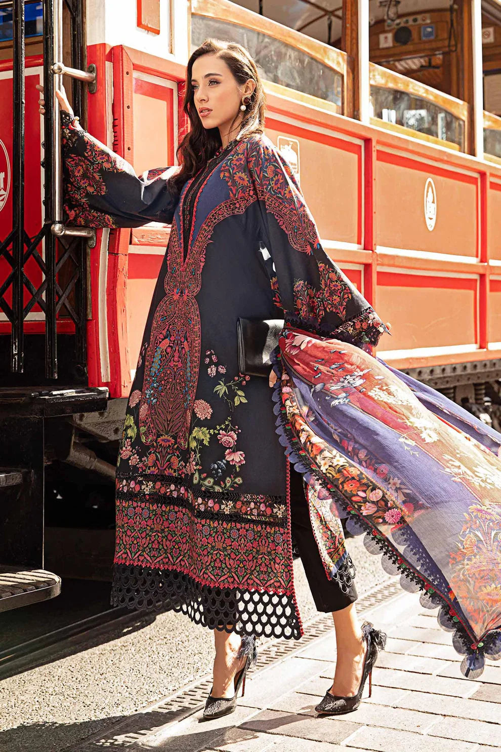 MARIA B- 3PC KARANDI PRINTED EMBROIDERED SHIRT WITH KARANDI PRINTED SHAWL AND KARANDI PRINTED TROUSER-MARIA B-3255-A