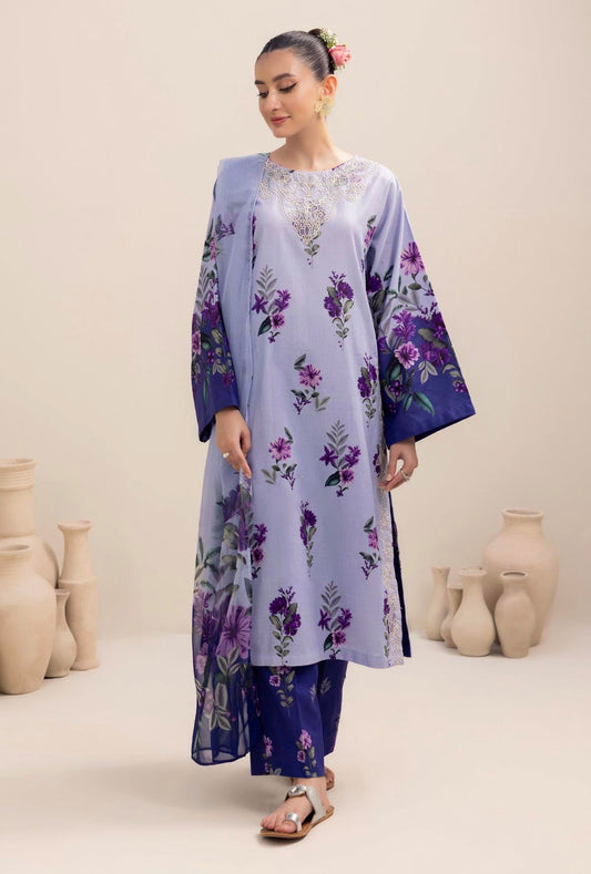 ADAN LIBAAS-3PC KARANDI PRINTED EMBROIDERED SHIRT WITH KARANDI PRINTED SHAWL AND KARANDI PRINTED TROUSER-WAC-4348