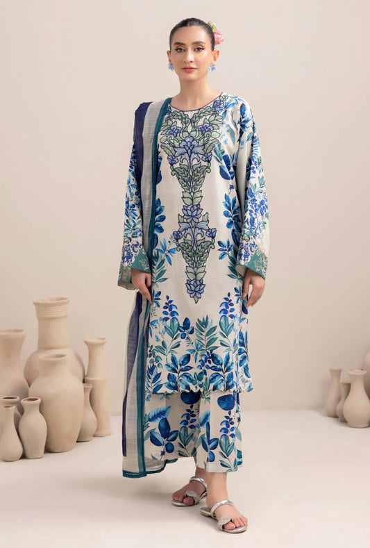 ADAN LIBAAS-3PC KARANDI PRINTED EMBROIDERED SHIRT WITH KARANDI PRINTED SHAWL AND KARANDI PRINTED TROUSER-WAC-4349