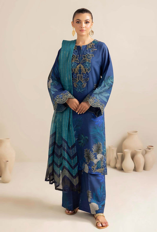 ADAN LIBAAS-3PC KARANDI PRINTED EMBROIDERED SHIRT WITH KARANDI PRINTED SHAWL AND KARANDI PRINTED TROUSER-WAC-4362