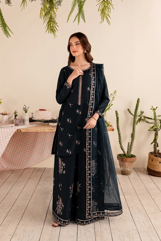 BATIK- 3PC DHANAK EMBROIDERED SHIRT DHANAK EMBROIDERED DUPATTA AND TROUSER-WAC-4289-Black