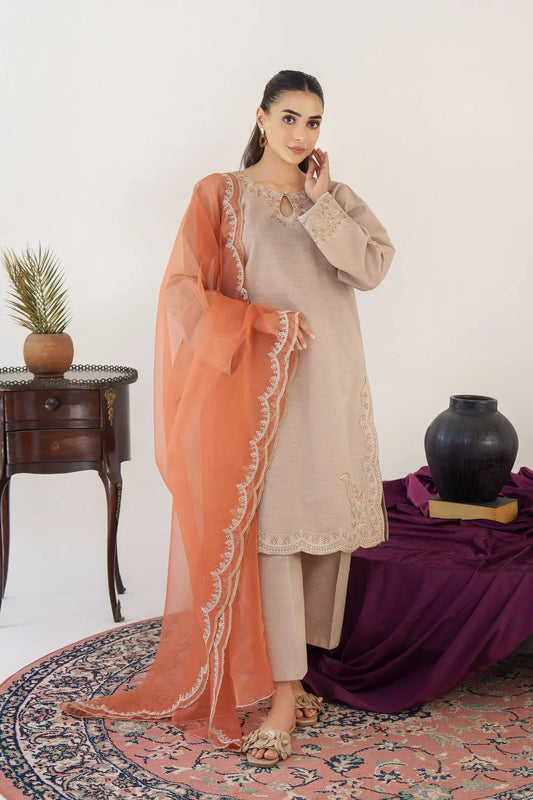 HANA 3PC KHADAR EMBROIDERED SHIRT WITH ORGANZA EMBROIDERED DUPATTA AND TROUSER-wac- 3173