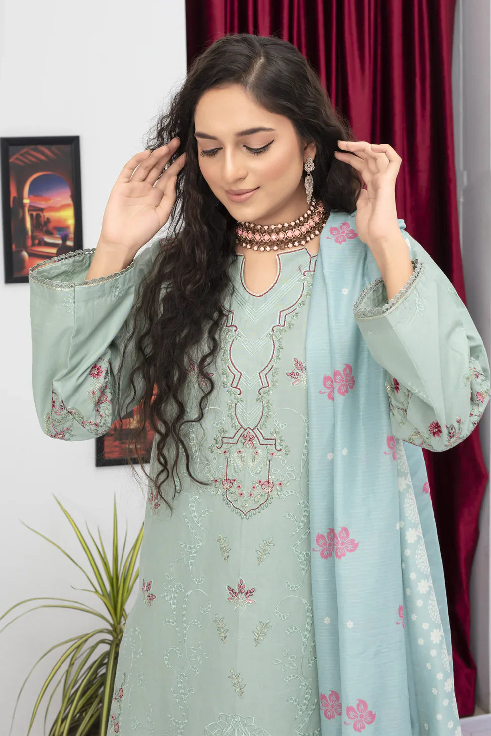 WINTER COTTON 3PC EMBROIDERED SHIRT WITH DORIA PRINTED SHAWL-WAC-3006