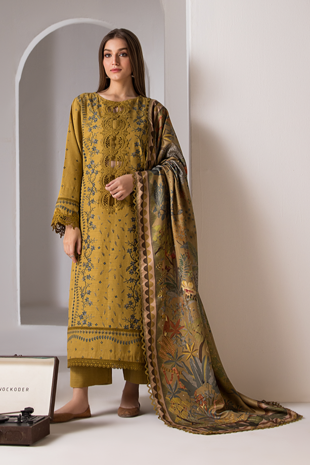 SOBIA NAZIR- 3PC DHANAK EMBROIDERED SHIRT WITH WOOL PRINT SHAWL AND TROUSER-WAC-4357