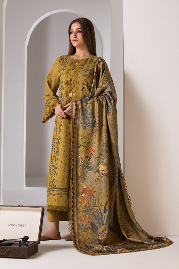 SOBIA NAZIR- 3PC DHANAK EMBROIDERED SHIRT WITH WOOL PRINT SHAWL AND TROUSER-WAC-4357