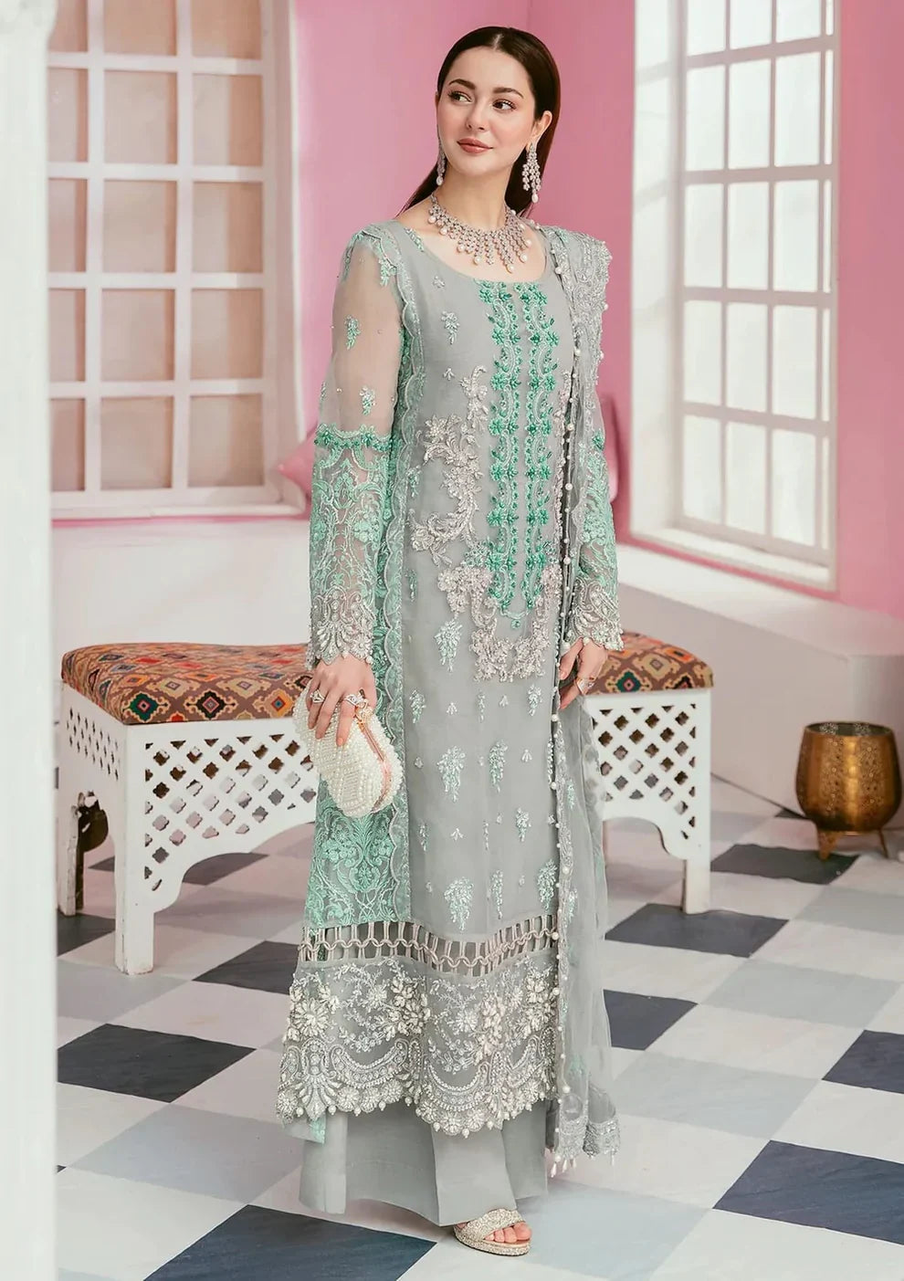 ELAF-ORGANZA PANEL EMBROIDERED ORGANZA DAMAN WITH PEARL WITH ORGANZA EMBROIDERED READY TO WEAR DUPATTA WITH TROUSER -ELAF- 3424