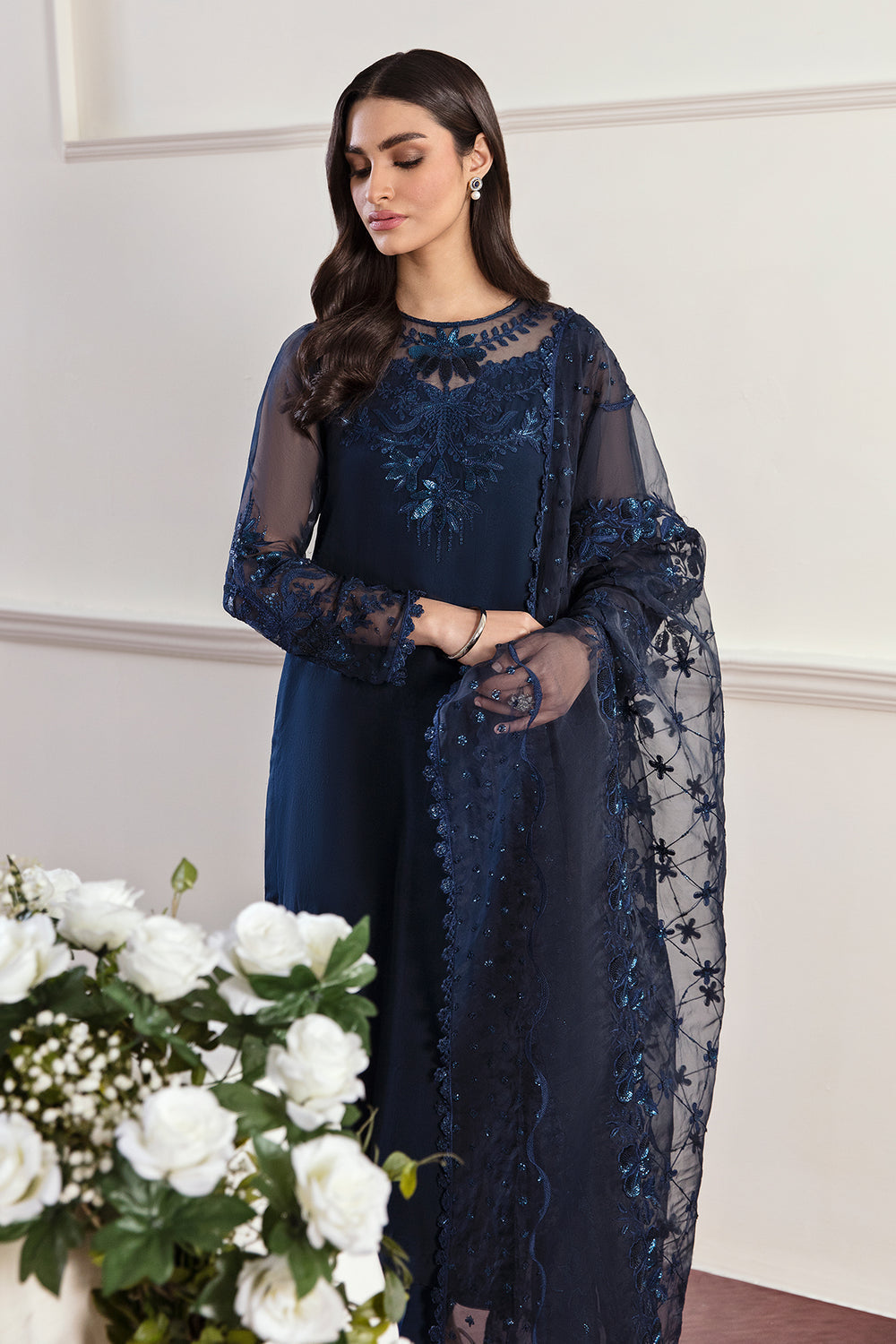 3PC ORGANZA EMBROIDERED LAWN SHIRT WITH ORGANZA EMBROIDERED DUPATTA AND TROUSER -WAC-1293-BLUE