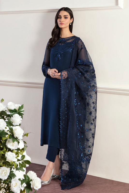 3PC ORGANZA EMBROIDERED LAWN SHIRT WITH ORGANZA EMBROIDERED DUPATTA AND TROUSER -WAC-1293-BLUE