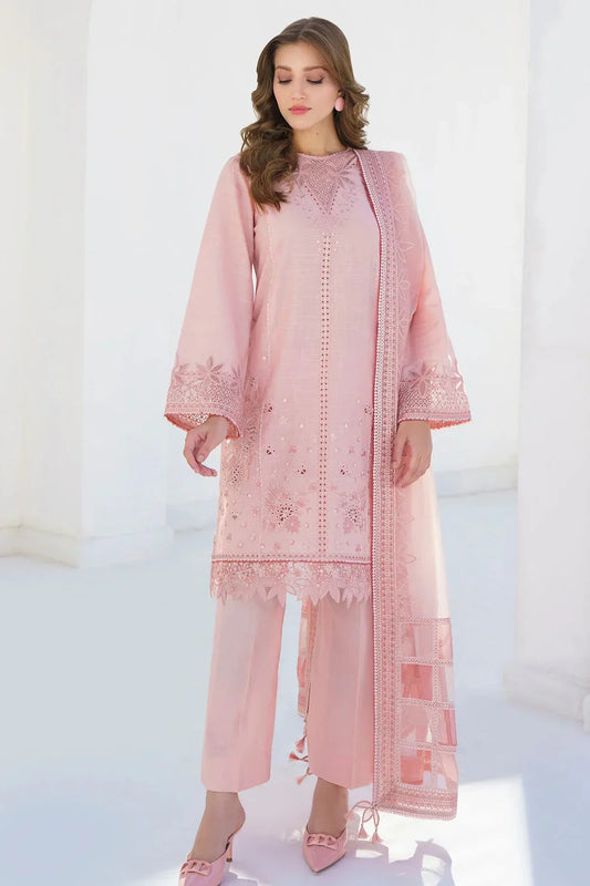 JAZMIN- 3PC LAWN HEAVY EMBROIDERED SHIRT WITH ORGANZA EMBROIDERY DUPATTA-JAZMIN-1356- PEACH