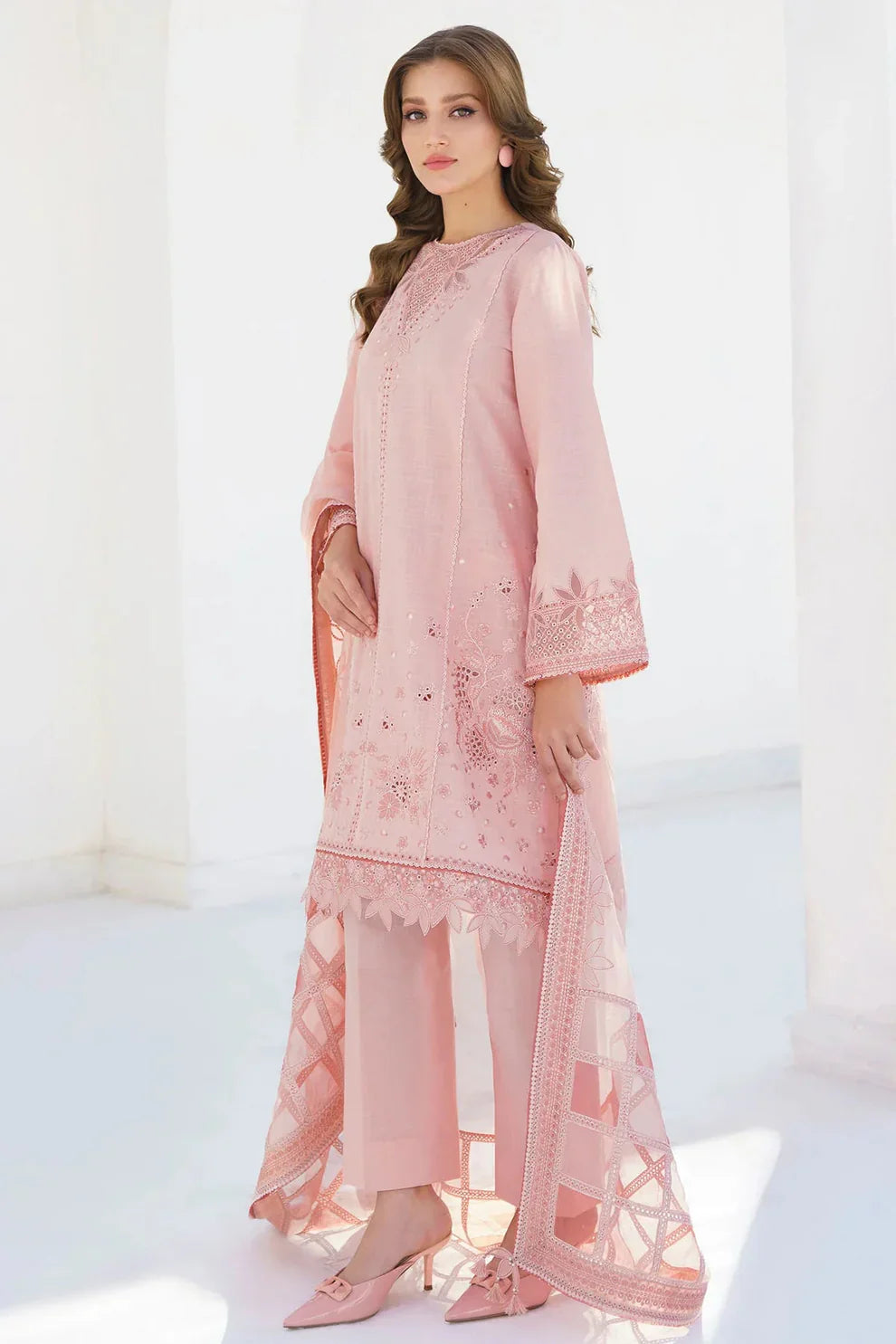 JAZMIN- 3PC LAWN HEAVY EMBROIDERED SHIRT WITH ORGANZA EMBROIDERY DUPATTA-JAZMIN-1356- PEACH