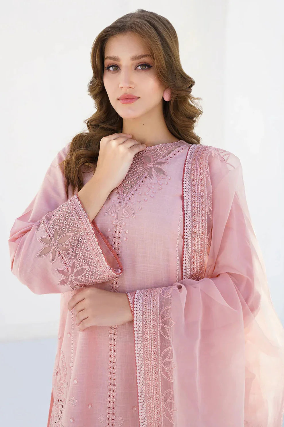 JAZMIN- 3PC LAWN HEAVY EMBROIDERED SHIRT WITH ORGANZA EMBROIDERY DUPATTA-JAZMIN-1356- PEACH