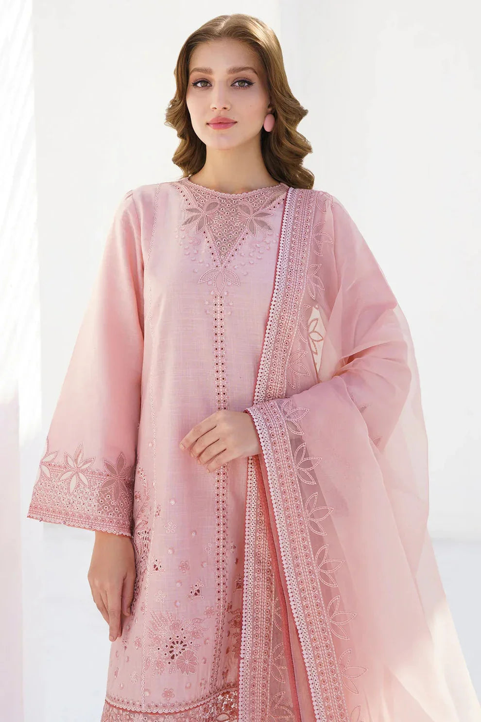 JAZMIN- 3PC LAWN HEAVY EMBROIDERED SHIRT WITH ORGANZA EMBROIDERY DUPATTA-JAZMIN-1356- PEACH