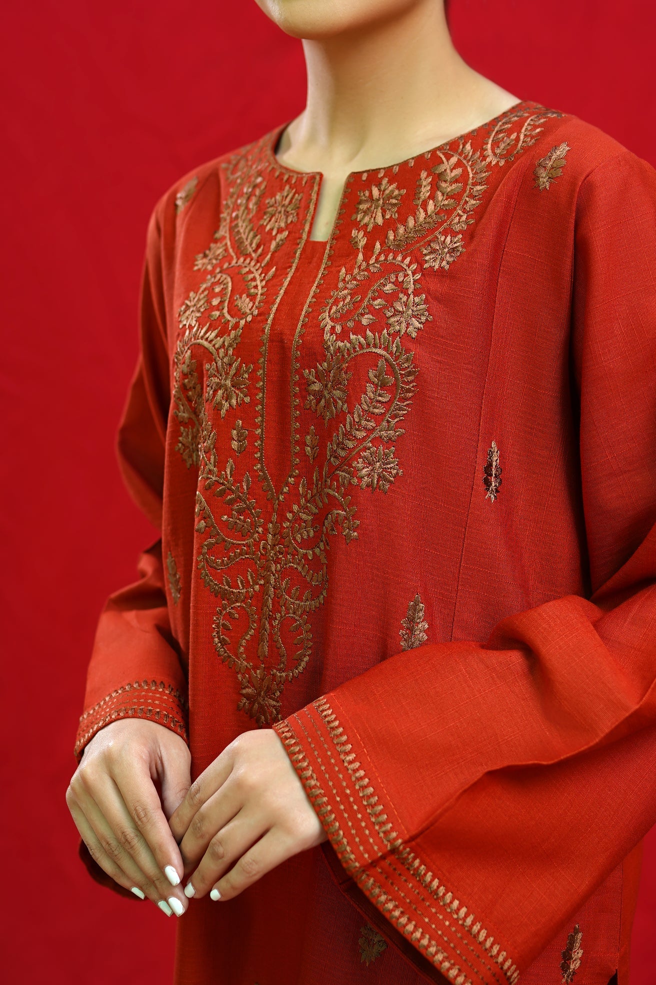 URGE-3PC DHANAK EMBROIDERED SHIRT WITH COUTURE PRINTED SHAWL & EMB TROUSER-WAC-4354