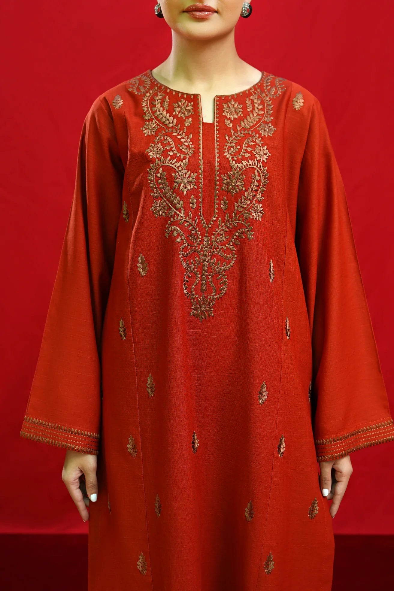 URGE-3PC DHANAK EMBROIDERED SHIRT WITH COUTURE PRINTED SHAWL & EMB TROUSER-WAC-4354