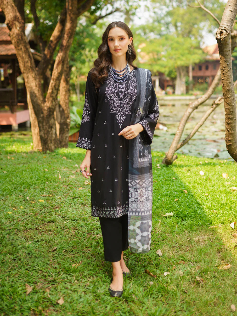 GARNET 3PC LAWN EMBROIDERED SHIRT WITH DIAMOND PRINTED DUPATTA AND TROUSER-WAC-3884