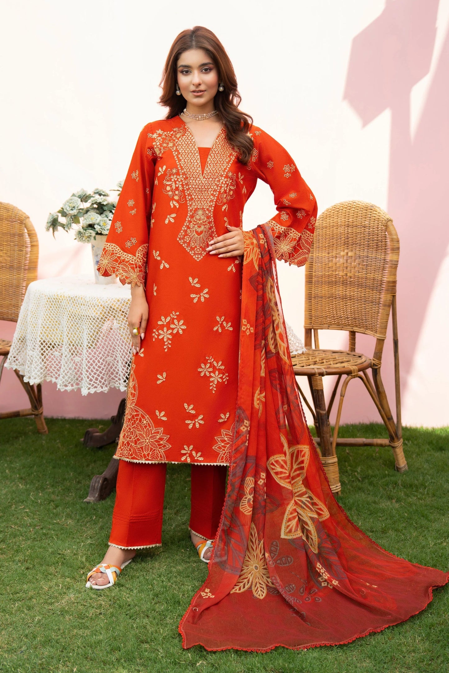 MIRAKHI - 3PC LAWN EMBROIDERED SHIRT WITH CHIFFON PRINTED DUPATTA AND TROUSER -WAC-M13