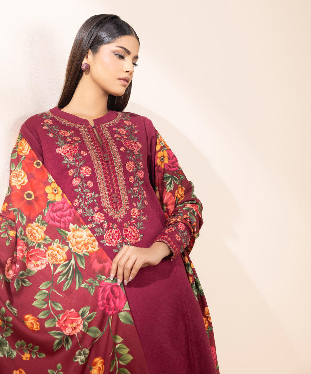 SAPPHIRE- 3PC DHANAK EMBROIDERED SHIRT WITH WOOL PRINT SHAWL AND TROUSER-WAC-4380