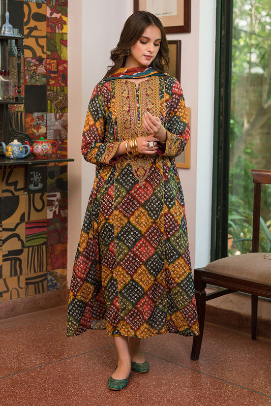 JAZMIN- 3PC KARANDI PRINTED EMBROIDERED SHIRT WITH KARANDI PRINTED SHAWL AND KARANDI PRINTED TROUSER-WAC-4353