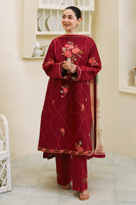 zahra shah jahan- 3PC LAWN EMBROIDERED SHIRT WITH DIAMOND PRINTED DUPATTA AND TROUSER-zahra shah jahan-1274.RED