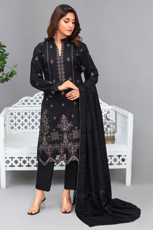 3PC Dhanak Embroidered Shirt with Velvet Dhanak Shawl and Trouser-WAC-3678-BLACK