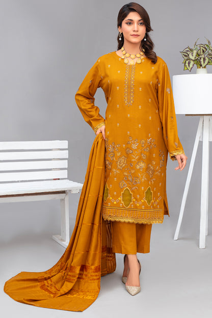 3PC Dhanak Embroidered Shirt with Velvet Dhanak Shawl and Trouser-WAC-3678-Yellow