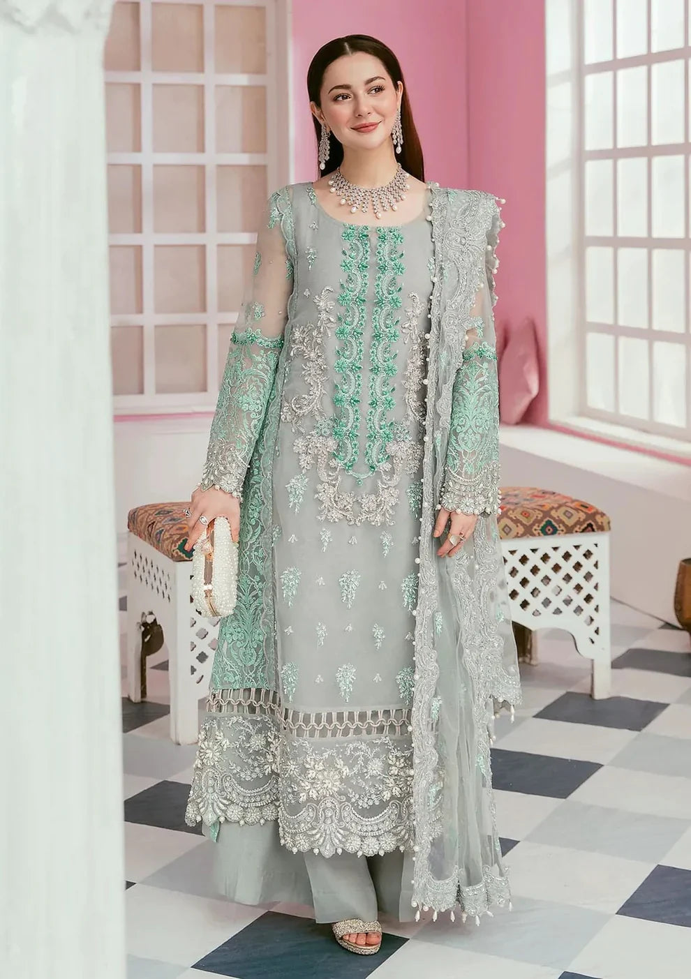 ELAF-ORGANZA PANEL EMBROIDERED ORGANZA DAMAN WITH PEARL WITH ORGANZA EMBROIDERED READY TO WEAR DUPATTA WITH TROUSER -ELAF- 3424