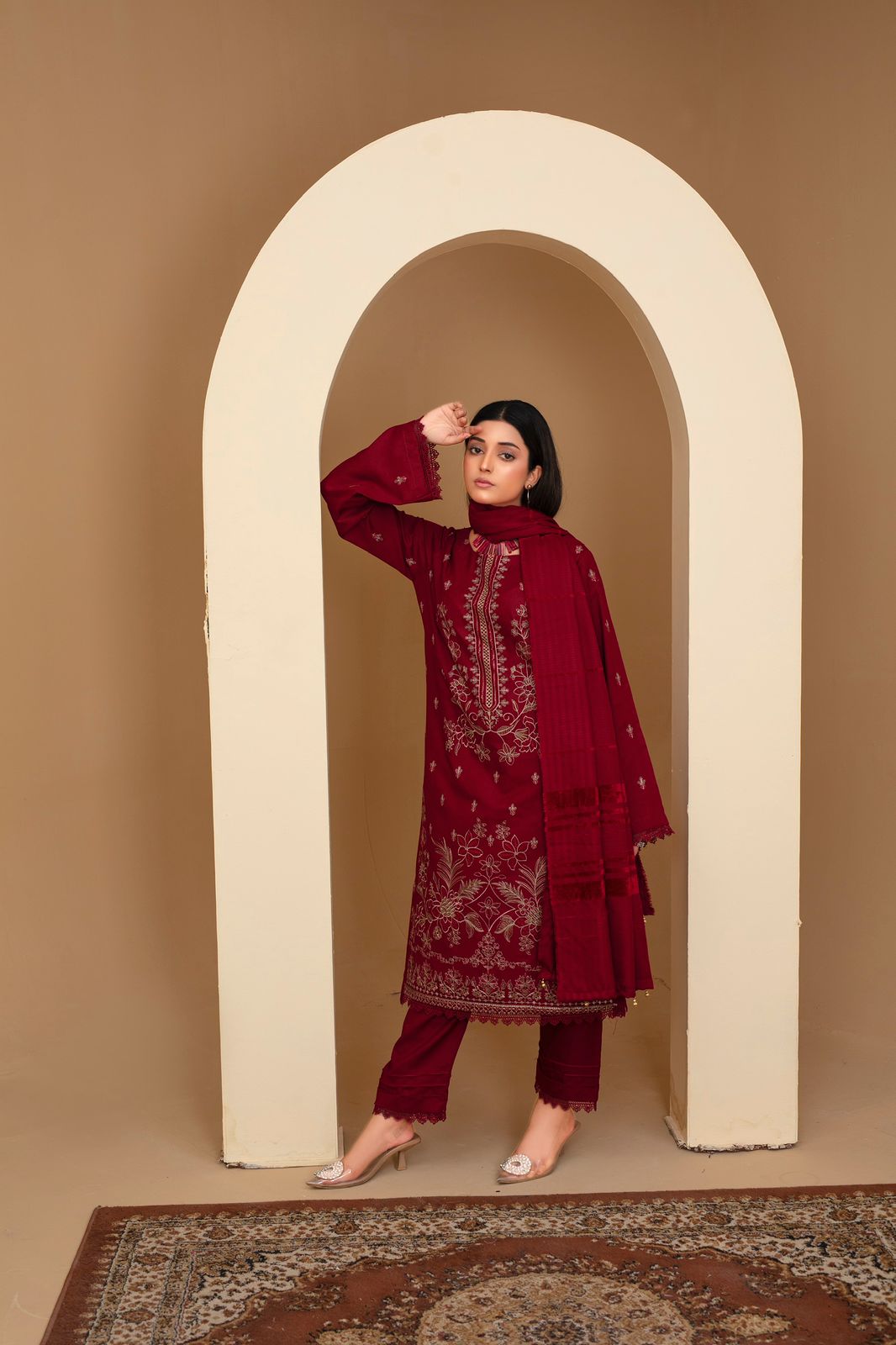 3PC Dhanak Embroidered Shirt with Velvet Dhanak Shawl and Trouser-WAC-3678-M