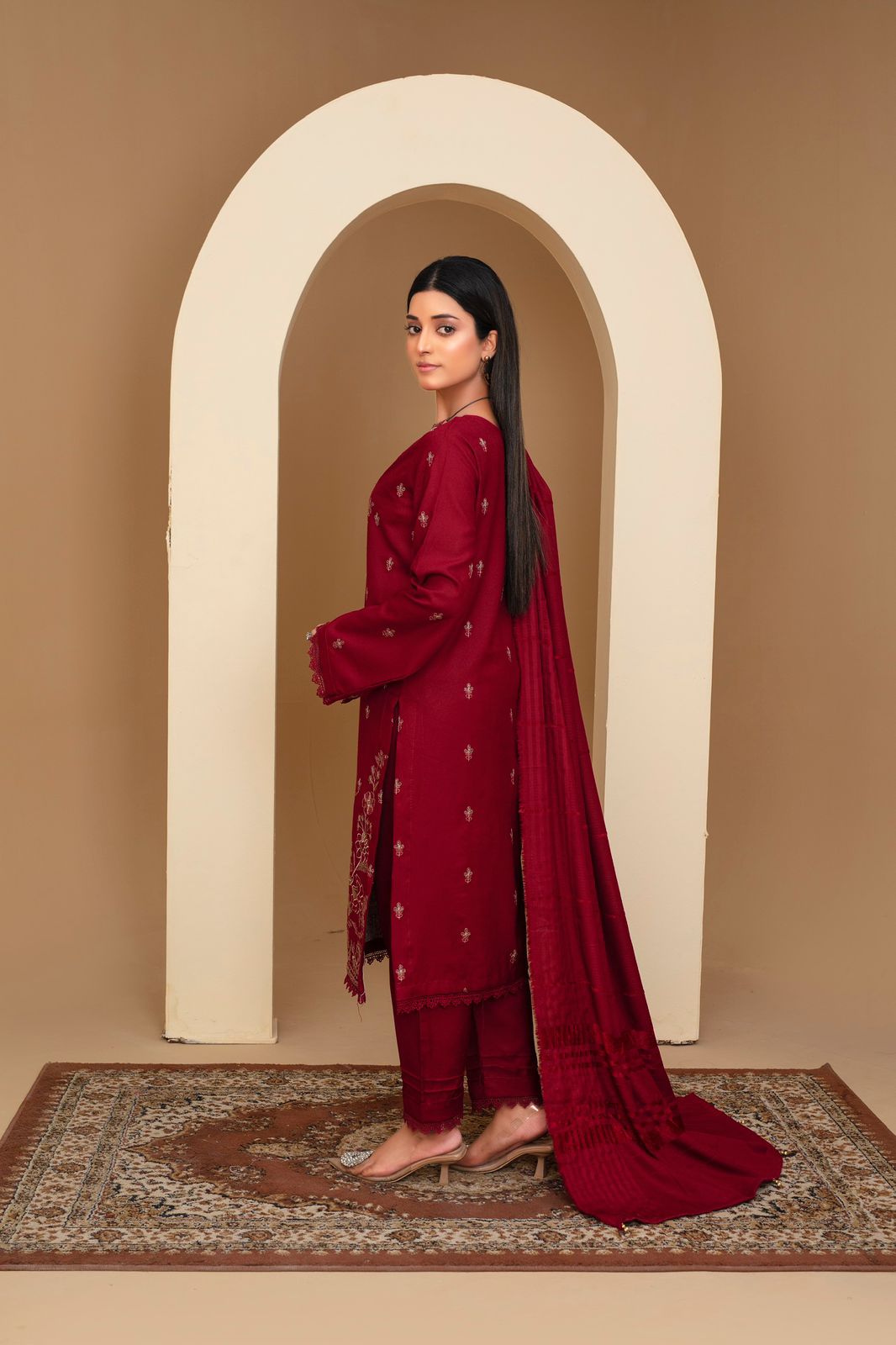 3PC Dhanak Embroidered Shirt with Velvet Dhanak Shawl and Trouser-WAC-3678-M