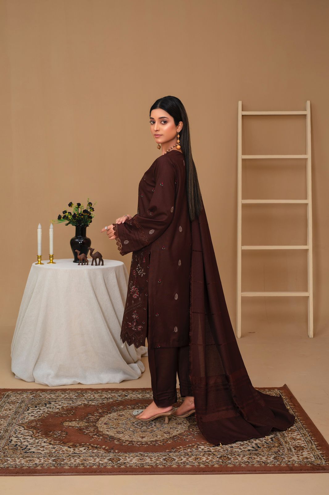 3PC Dhanak Embroidered Shirt with Velvet Dhanak Shawl and Trouser-WAC-BROWN