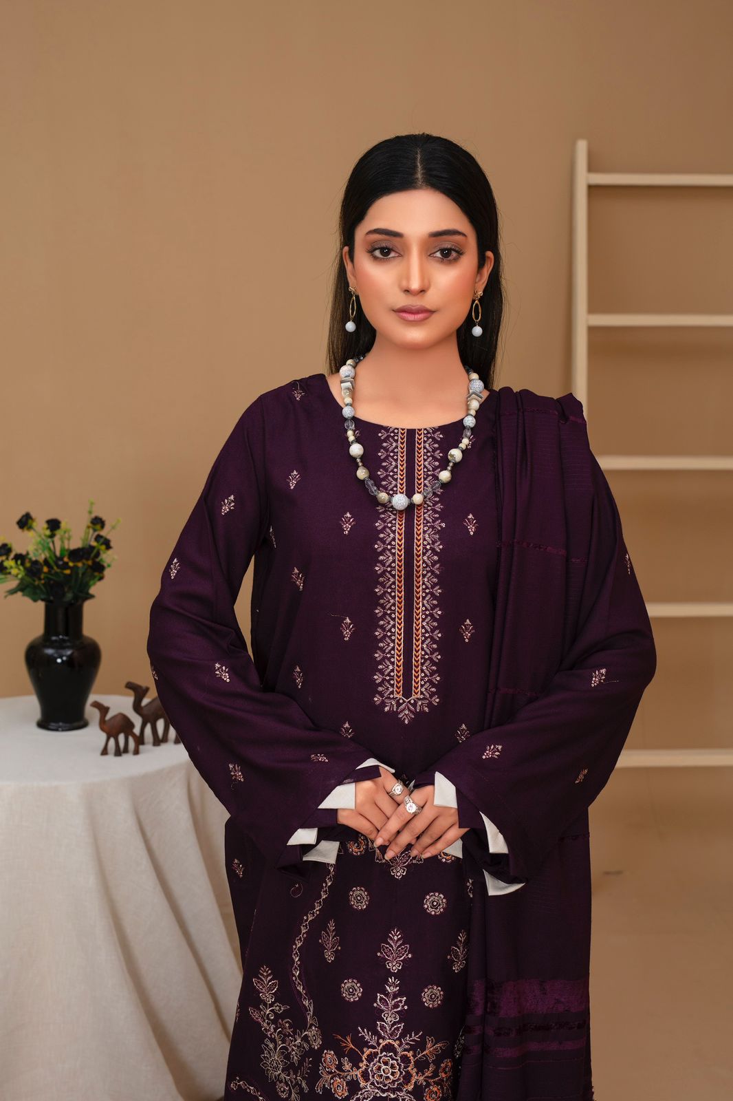 3PC Dhanak Embroidered Shirt with Velvet Dhanak Shawl and Trouser-WAC-PLUM