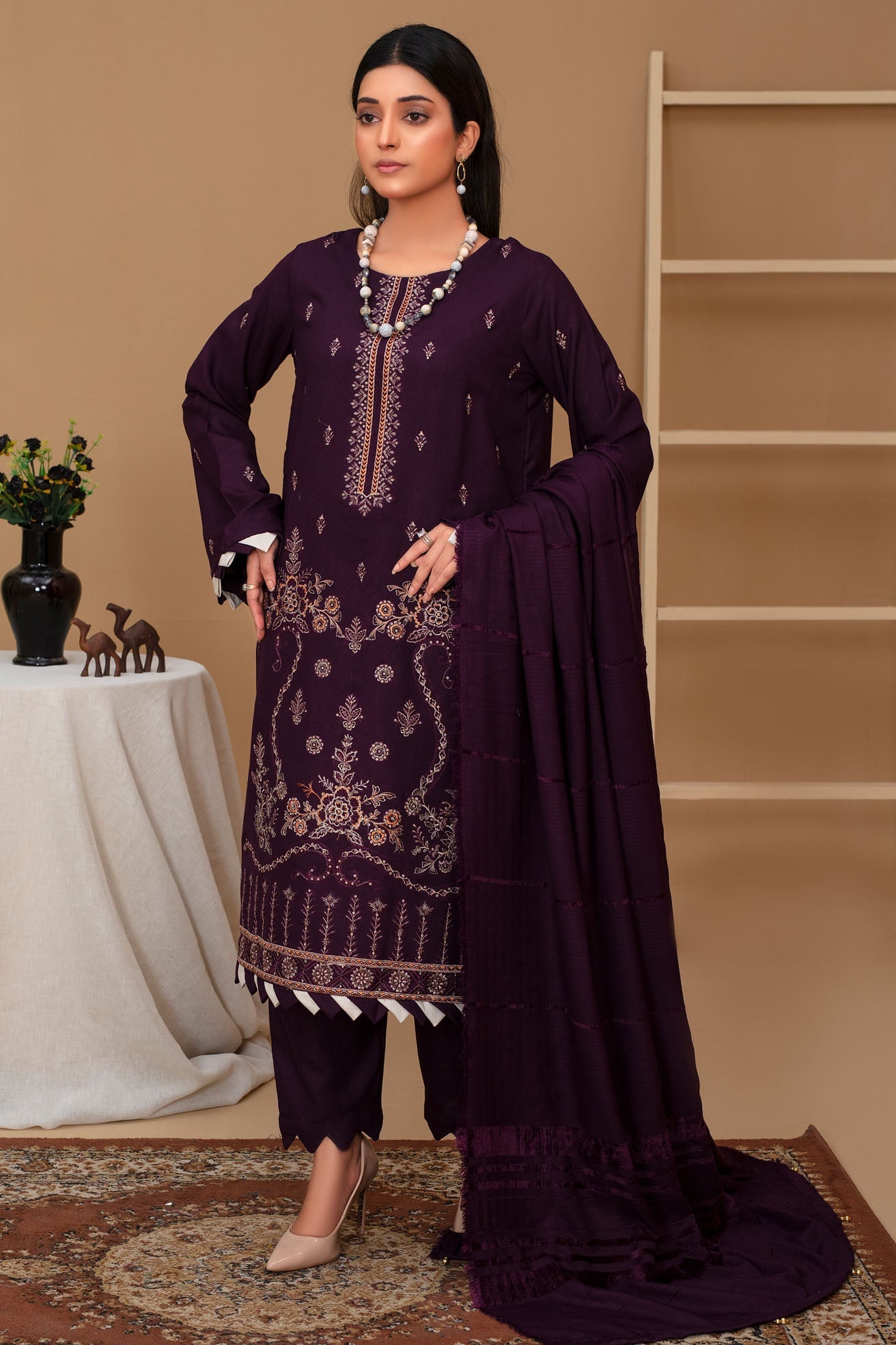 3PC Dhanak Embroidered Shirt with Velvet Dhanak Shawl and Trouser-WAC-PLUM