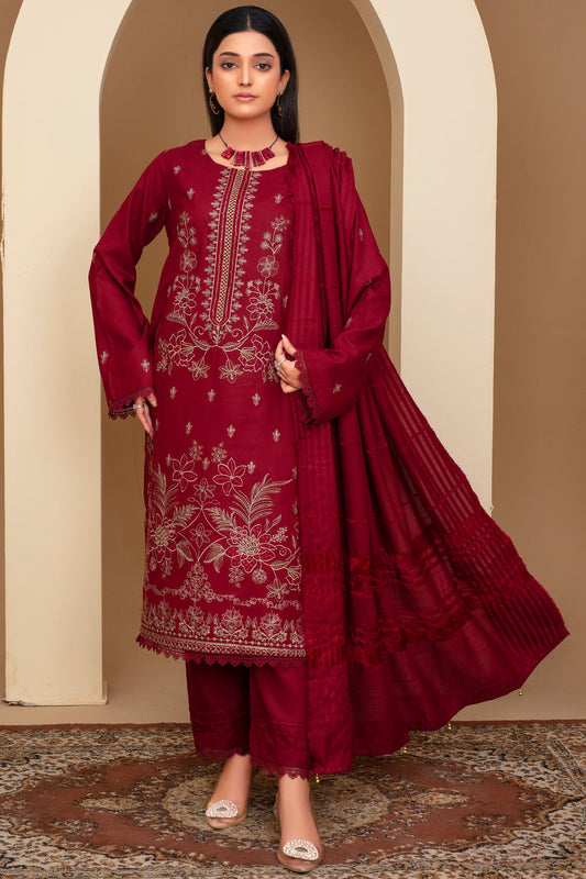 3PC Dhanak Embroidered Shirt with Velvet Dhanak Shawl and Trouser-WAC-3678-M