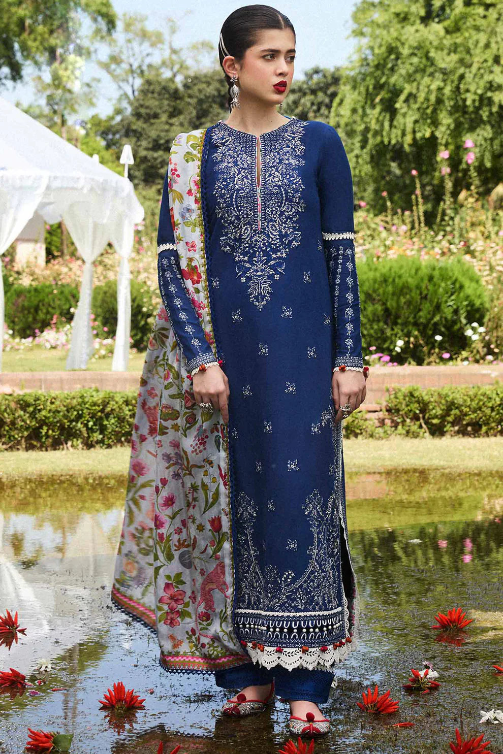 AYAN SAFFANA-3PC VISCOUS EMBROIDRED SHIRT WITH COUTURE PRINT SHAWL AND TROUSER-WAC-4159