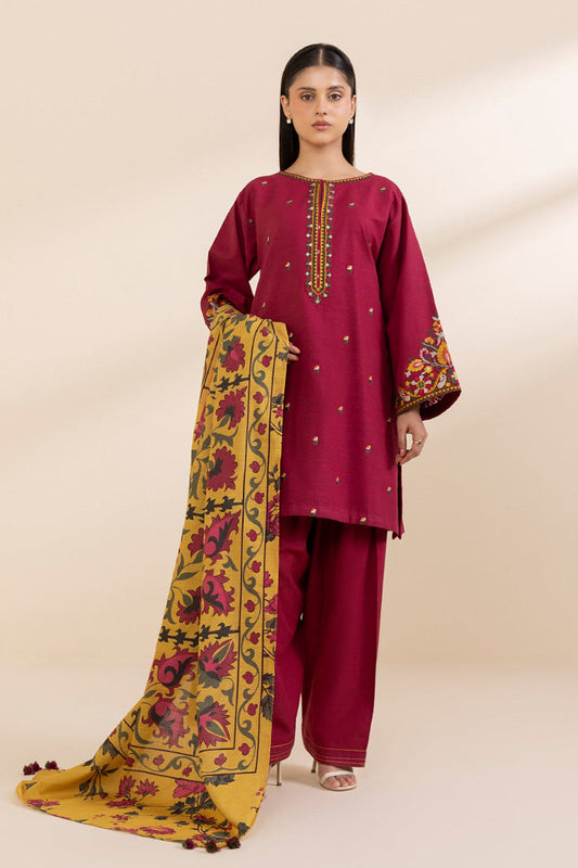 SAPPHIRE- 3PC KHADAR EMBROIDERED SHIRT WITH WOOL PRINT SHAWL AND TROUSER-WAC-4373