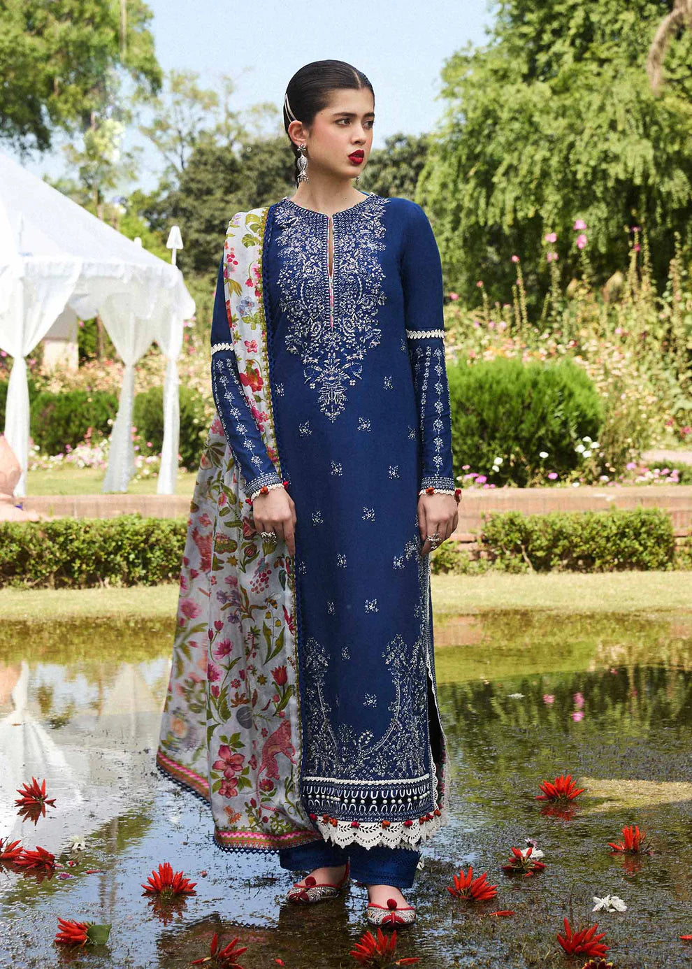 AYAN SAFFANA-3PC VISCOUS EMBROIDRED SHIRT WITH COUTURE PRINT SHAWL AND TROUSER-WAC-4159