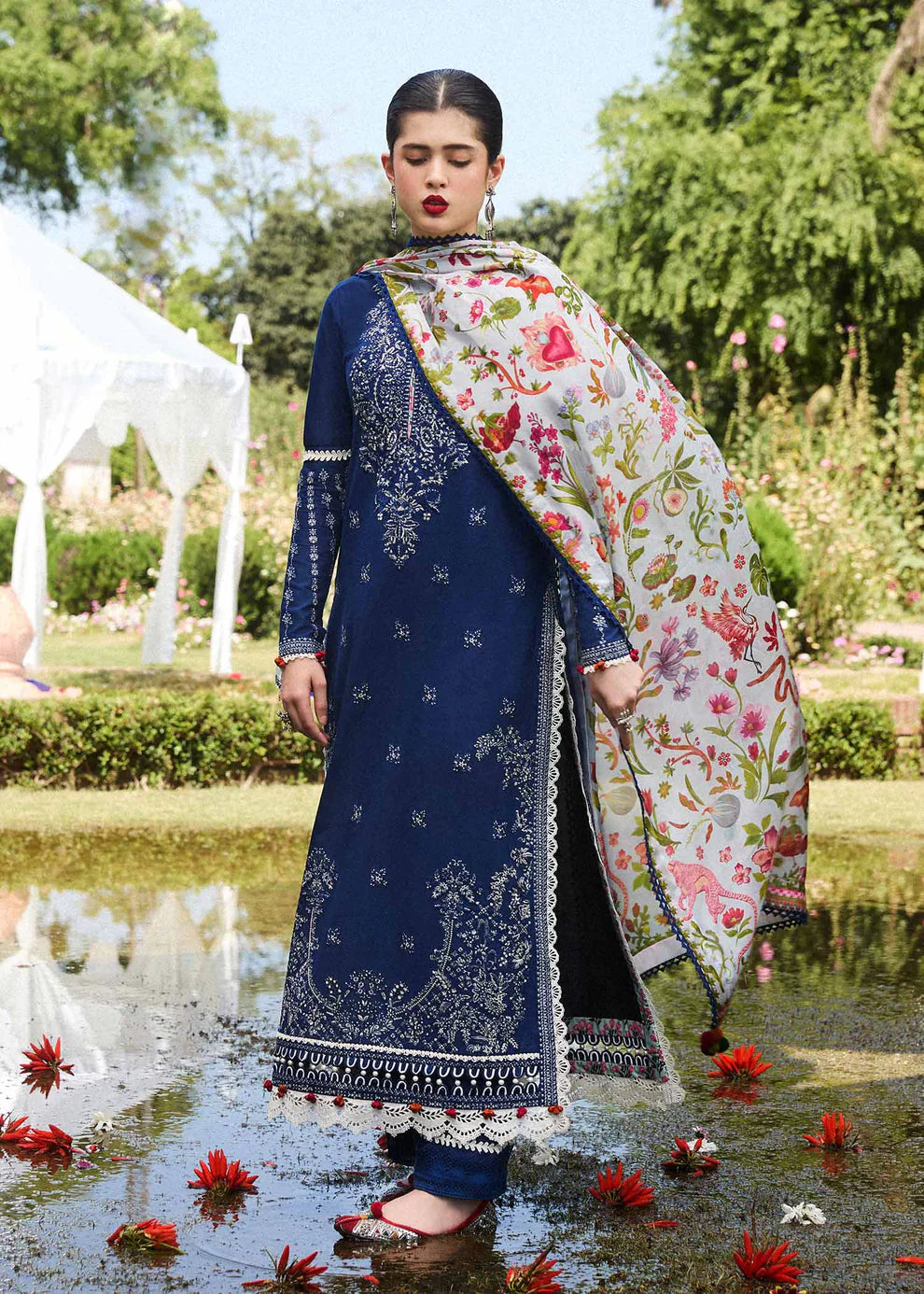 AYAN SAFFANA-3PC VISCOUS EMBROIDRED SHIRT WITH COUTURE PRINT SHAWL AND TROUSER-WAC-4159