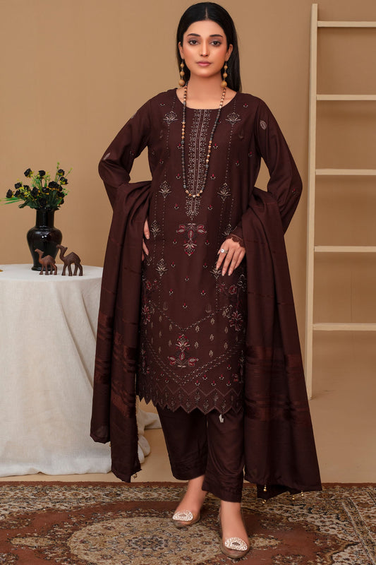 3PC Dhanak Embroidered Shirt with Velvet Dhanak Shawl and Trouser-WAC-BROWN